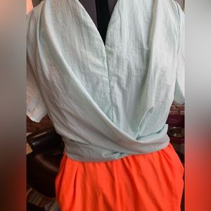 NUEL; Neon Orange and Ice water turquoise dress with pockets.